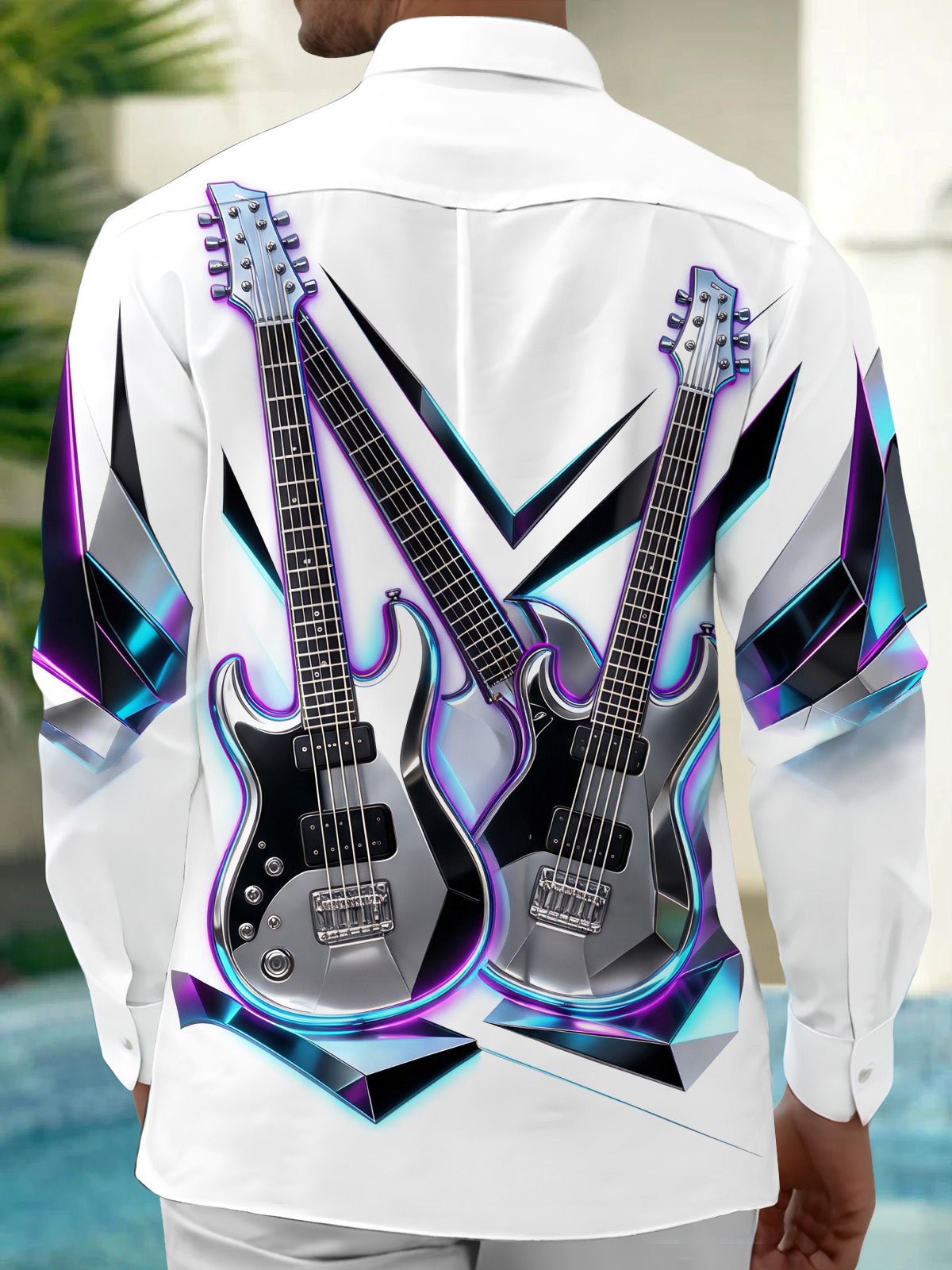 Oceanlyte Men's Long Sleeve Shirt - Electric Guitars With Neon Geometric Background Print with Chest Pocket