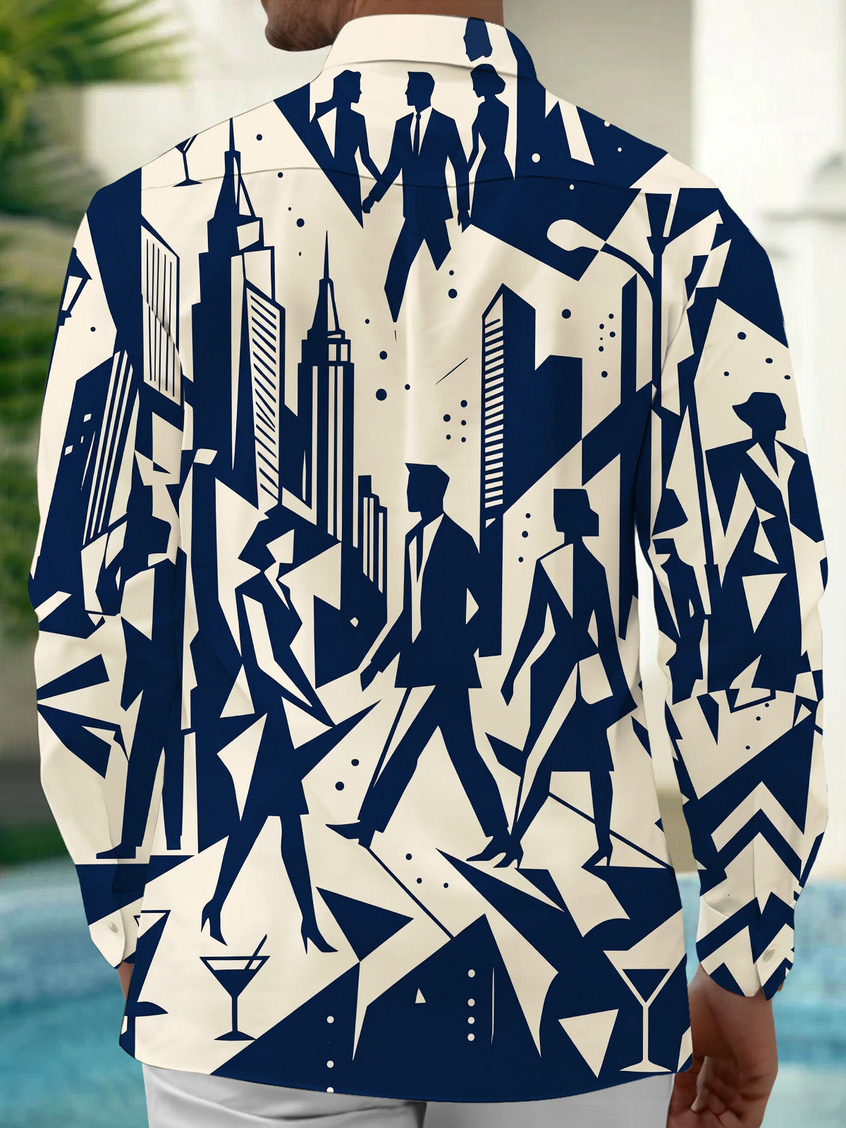 Oceanlyte Men's Printed Geometric City Skyline Print Long Sleeve Shirt with Chest Pocket