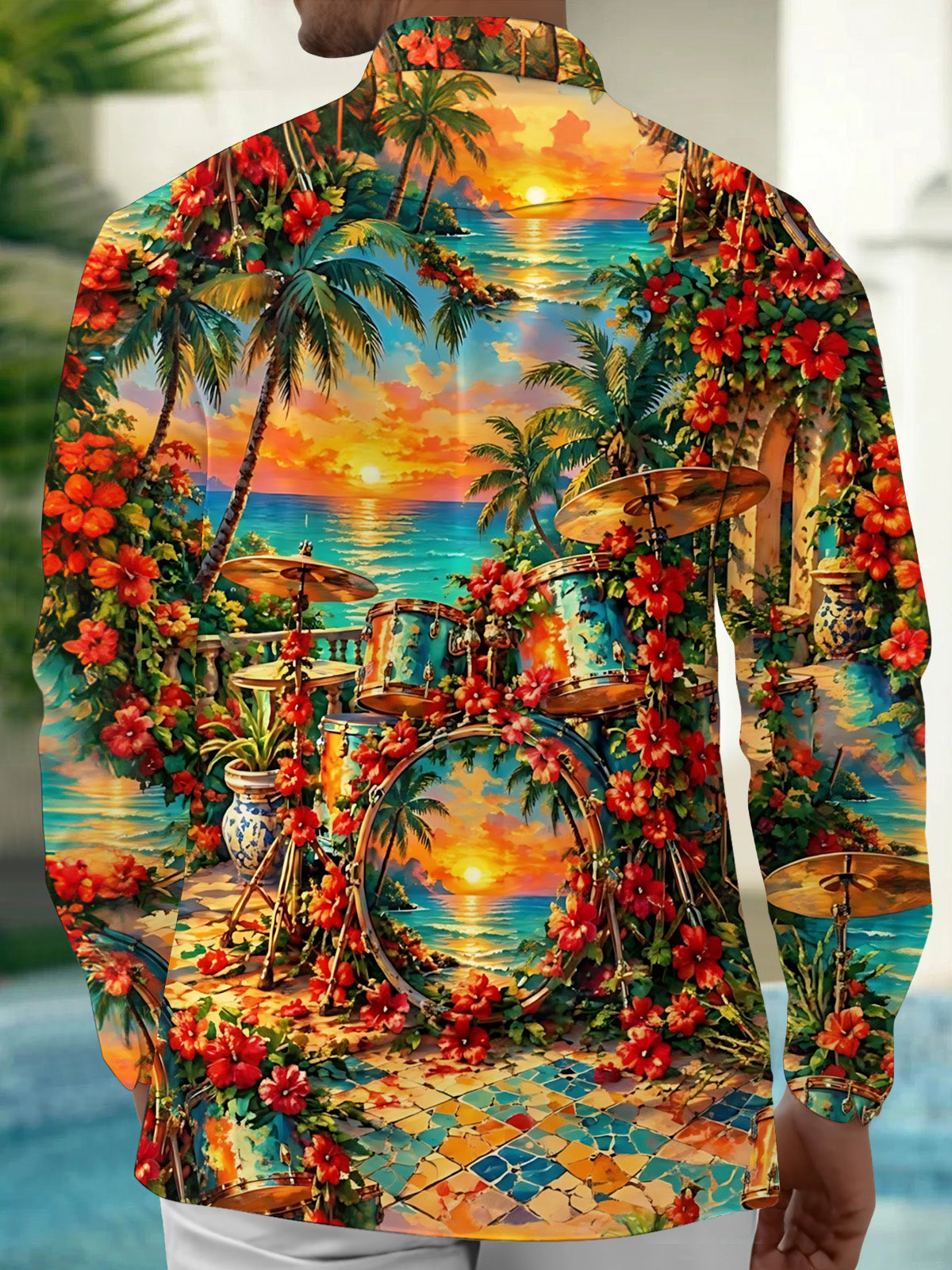 Oceanlyte Men's Hawaiian Drum Set And Tropical Sunset Print Long Sleeve Shirt with Chest Pocket