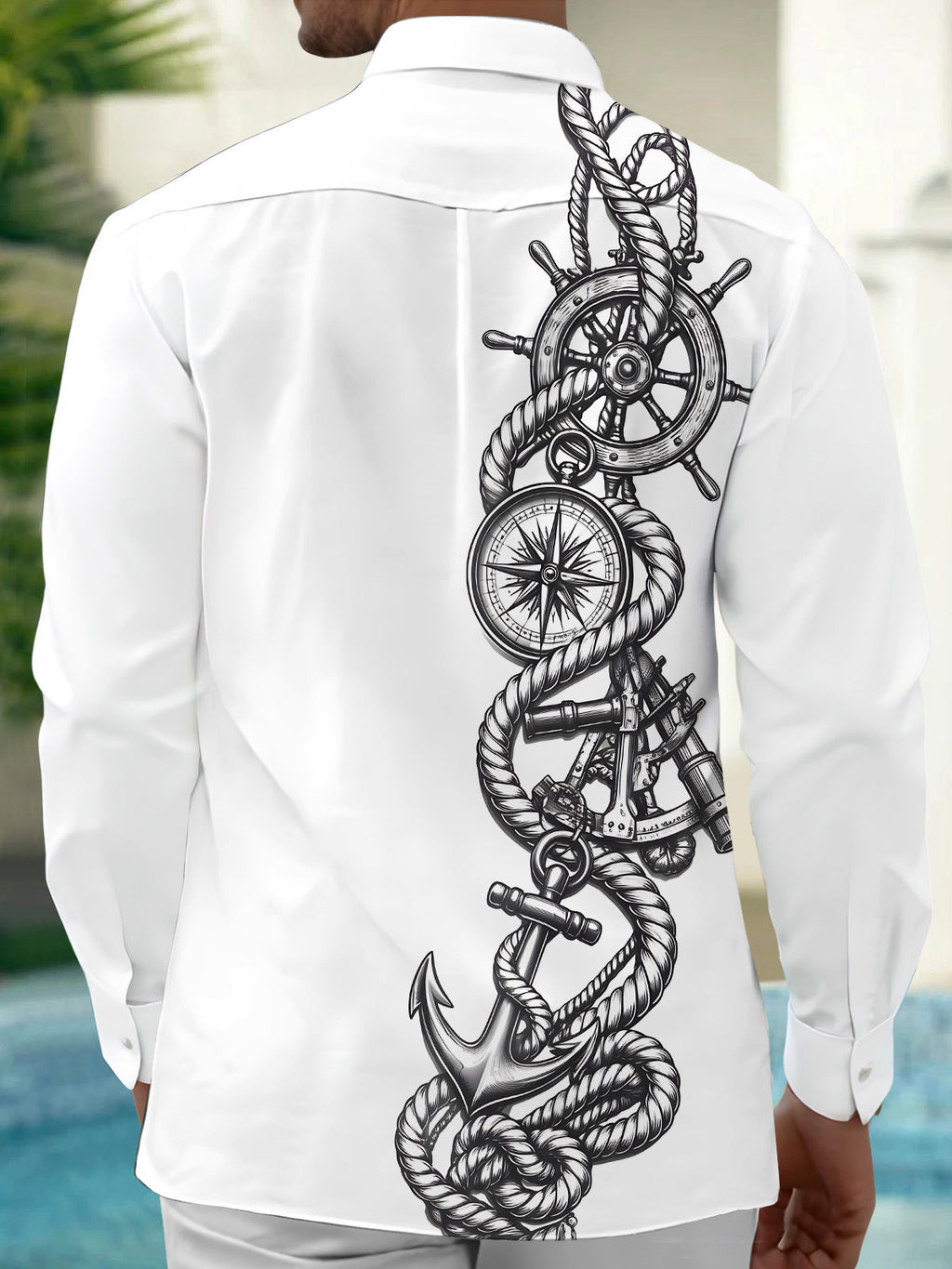 Oceanlyte Men's Nautical Rope And Compass With Anchor Print Long Sleeve Shirt with Chest Pocket