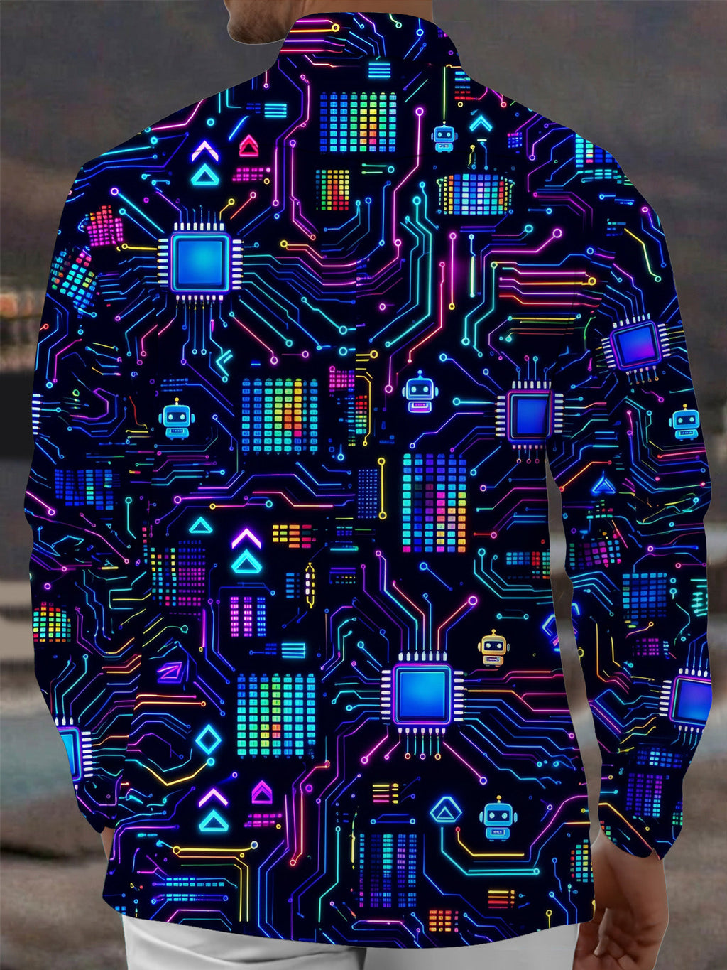 Oceanlyte Men's Retro Neon Circuit Board And Robot Icons Print Long Sleeve Shirt with Chest Pocket