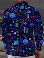 Oceanlyte Men's Retro Neon Circuit Board And Robot Icons Print Long Sleeve Shirt with Chest Pocket