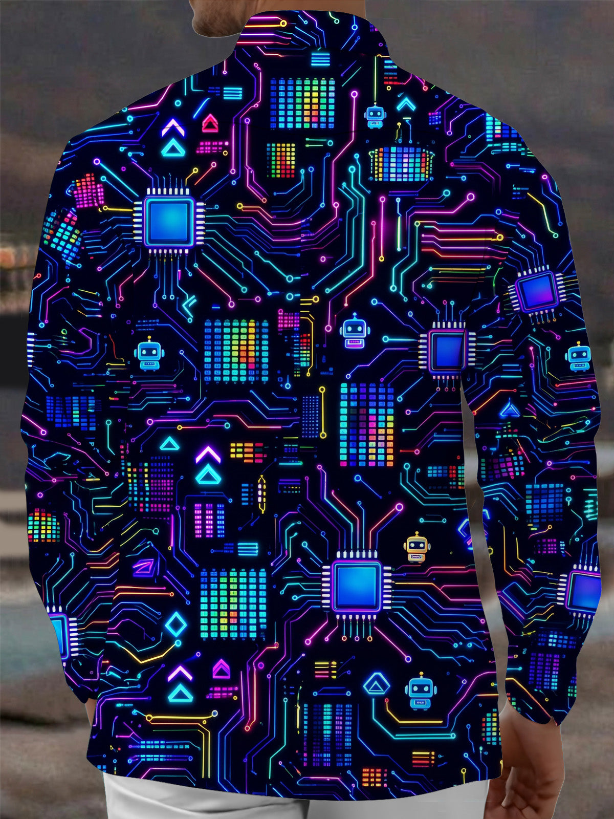 Oceanlyte Men's Retro Neon Circuit Board And Robot Icons Print Long Sleeve Shirt with Chest Pocket