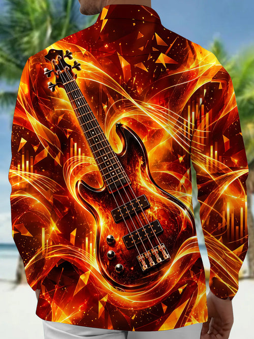Oceanlyte Men's Electric Bass Guitar With Musical Waves Print Long Sleeve Shirt with Chest Pocket