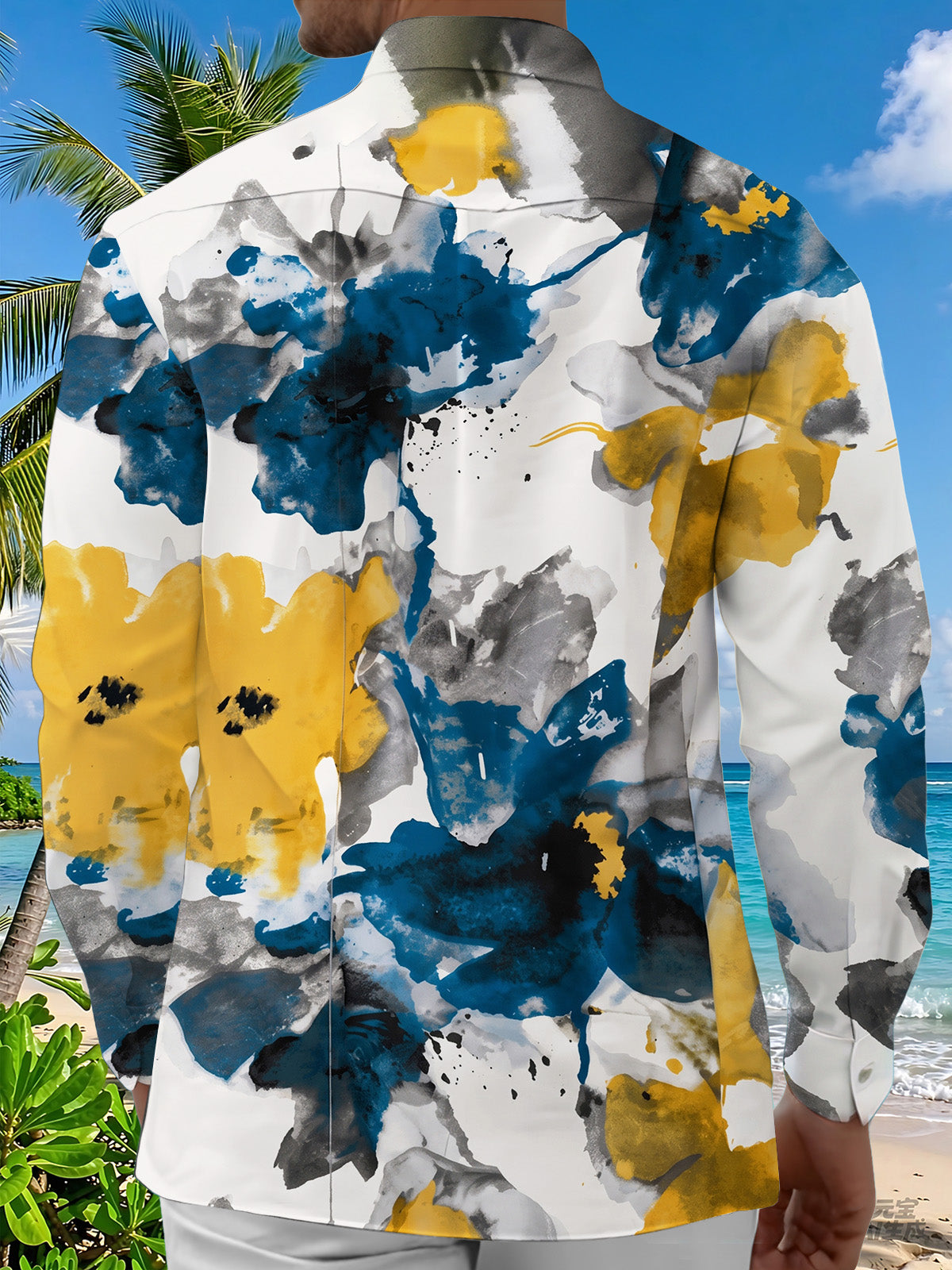 Oceanlyte Men's Printed Ink Wash Abstract Blooms Print Long Sleeve Shirt with Chest Pocket