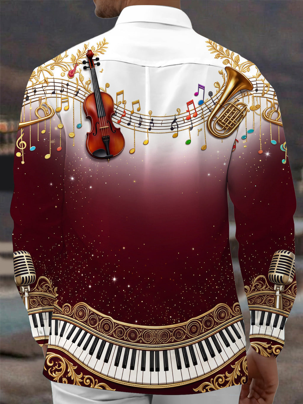 Oceanlyte Men's Graphic Musical Instruments And Notes Print Long Sleeve Shirt with Chest Pocket