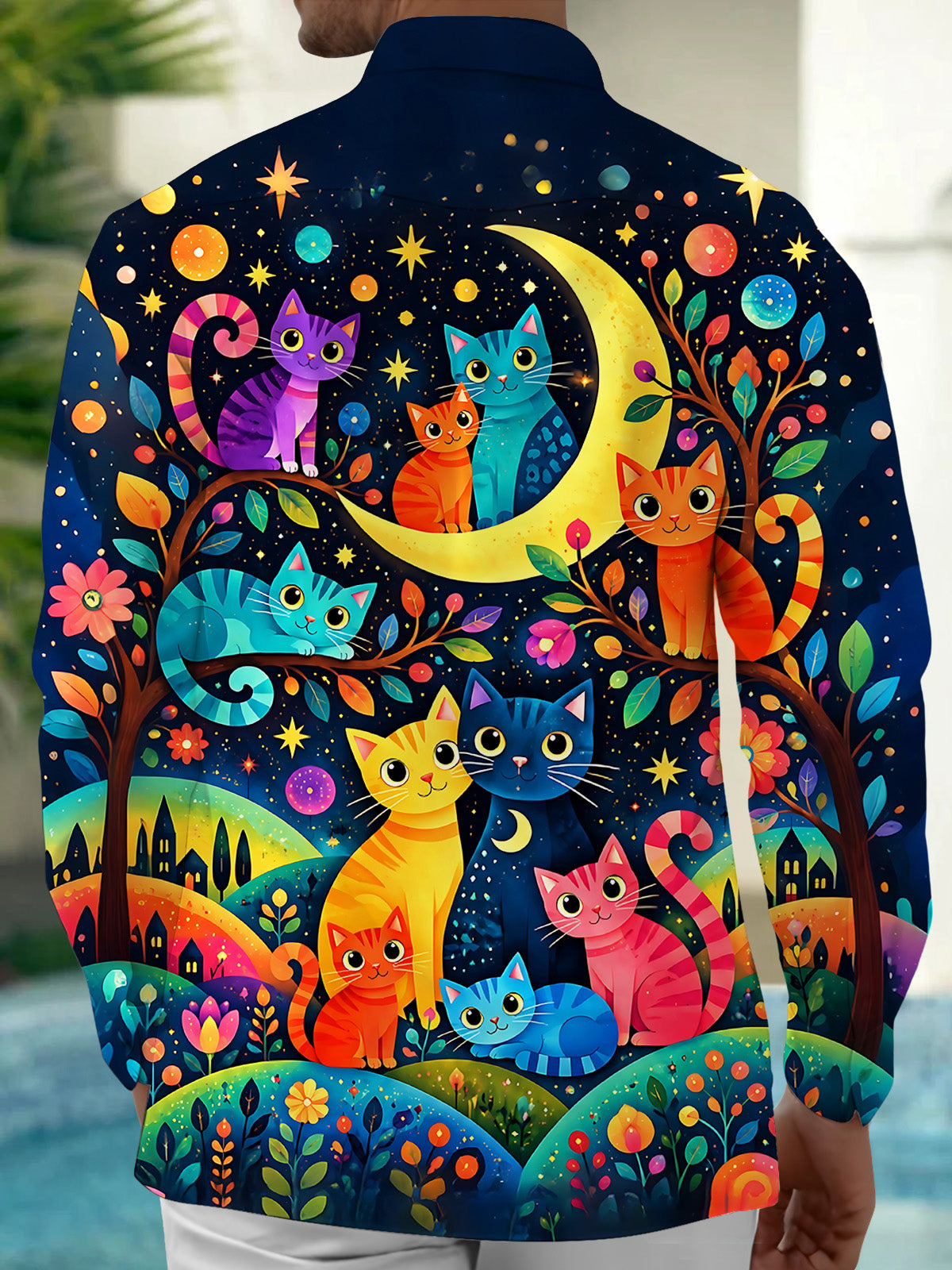 Oceanlyte Men's Hawaiian Colorful Cats Print Night Sky Print Long Sleeve Shirt with Chest Pocket