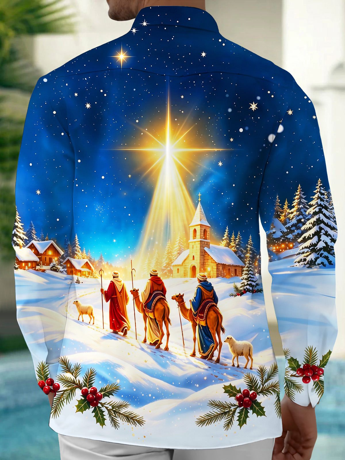 Oceanlyte Men's Christmas Three Wise Men And Camels Print Long Sleeve Shirt with Chest Pocket