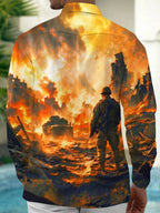 Oceanlyte Men's Soldier And Armored Vehicle In War Ruins Print Long Sleeve Shirt with Chest Pocket