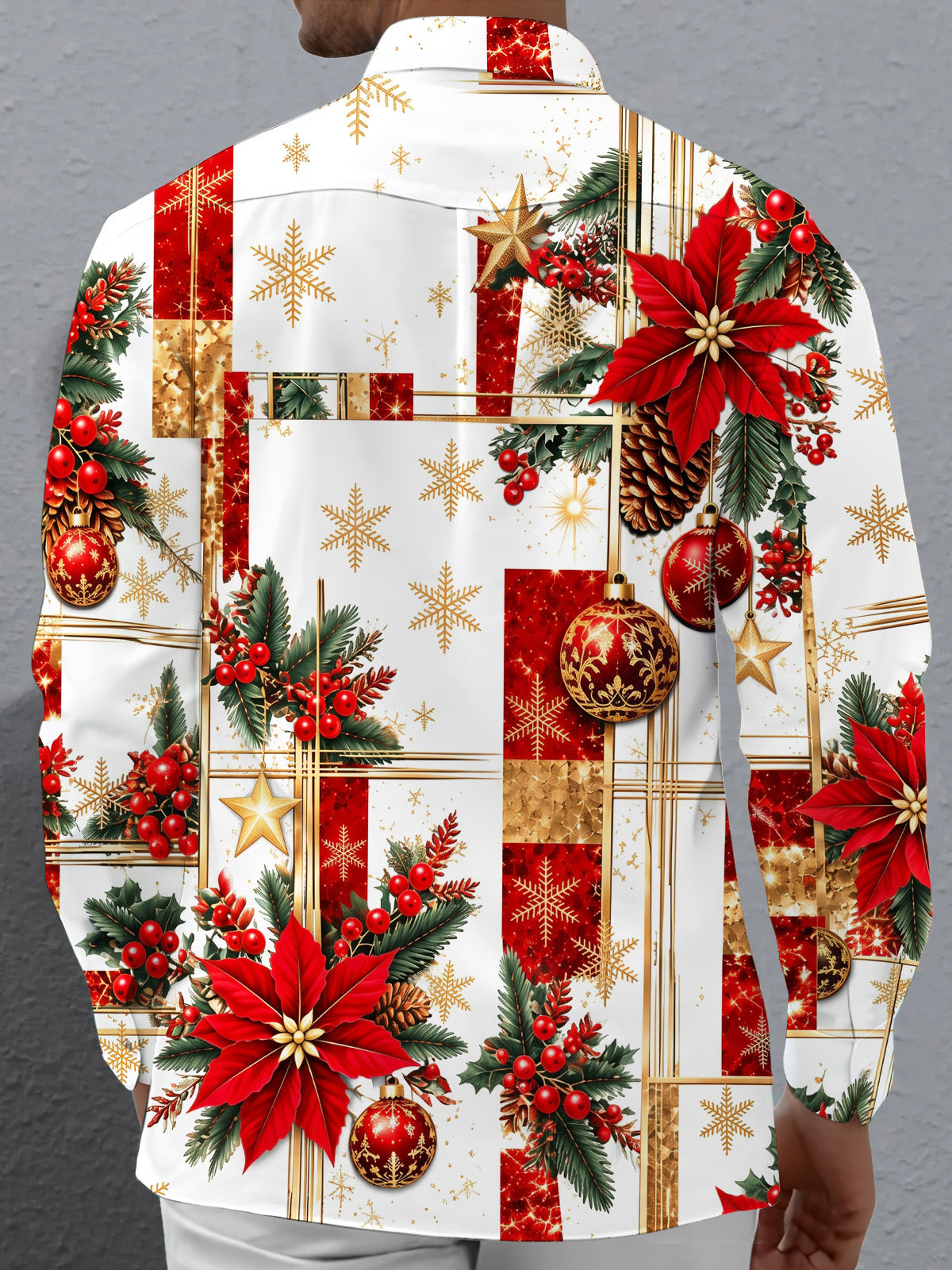Oceanlyte Men's Christmas Poinsettia And Ornaments Print Long Sleeve Shirt with Chest Pocket