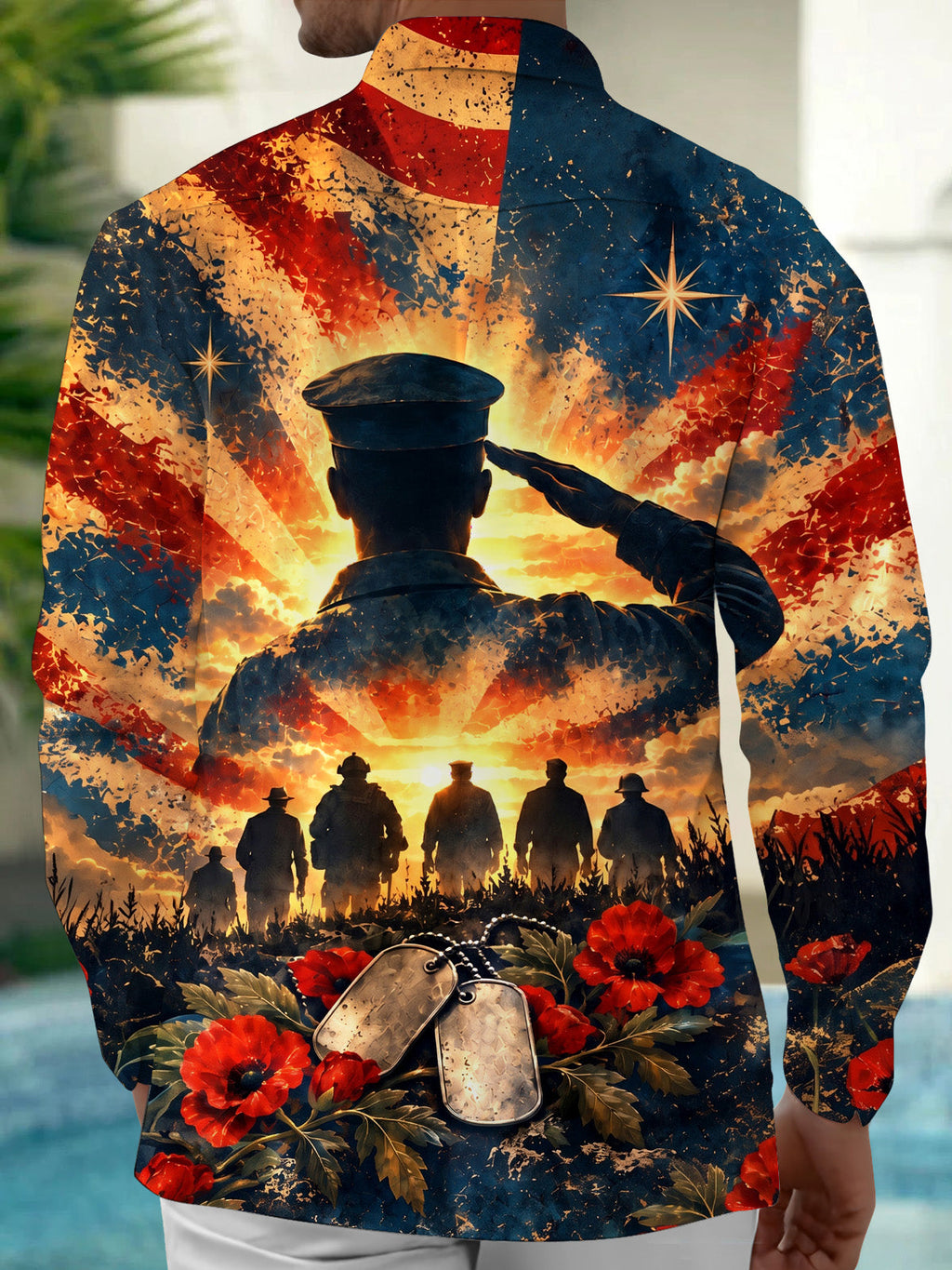 Oceanlyte Men's Long Sleeve Shirt - The "Lest We Forget" Veterans Day Soldier Silhouette Saluting With American Flag Background Print with Chest Pocket