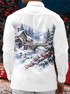 Oceanlyte Men's Long Sleeve Shirt - Winter Snowy Landscape With Wooden House And Waterwheel Print with Chest Pocket