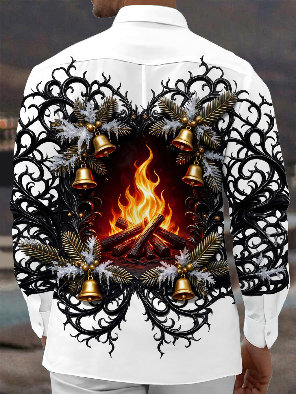 Oceanlyte Men's Printed Christmas Bonfire And Bells Print Long Sleeve Shirt with Chest Pocket