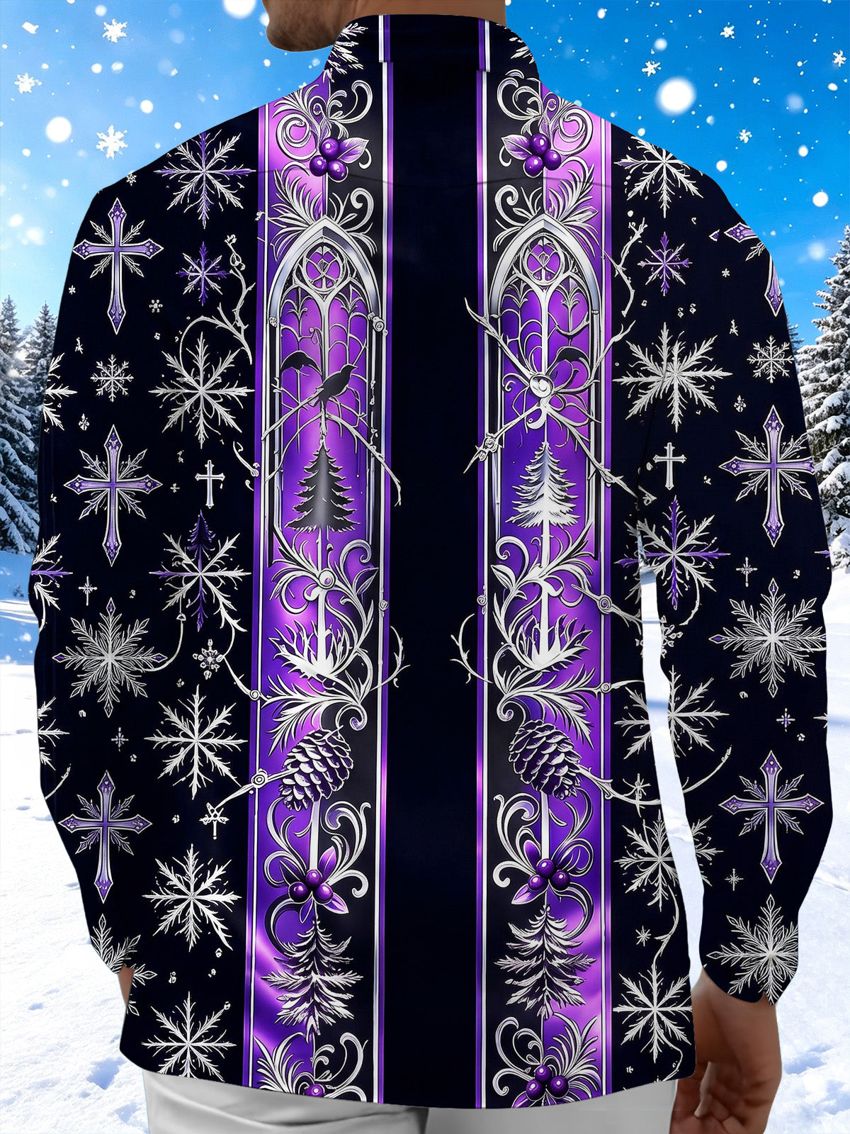 Oceanlyte Men's Long Sleeve Shirt - Gothic Church Window Patterns With Snowflakes And Crosses Print with Chest Pocket