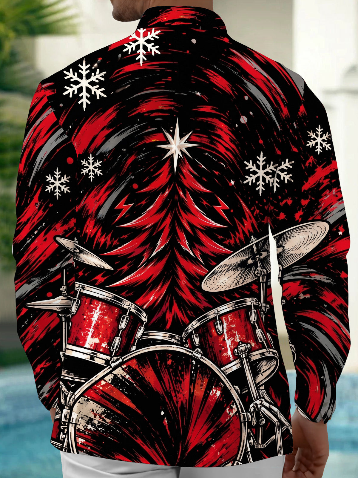 Oceanlyte Men's Graphic Christmas Tree And Drum Set Print Long Sleeve Shirt with Chest Pocket