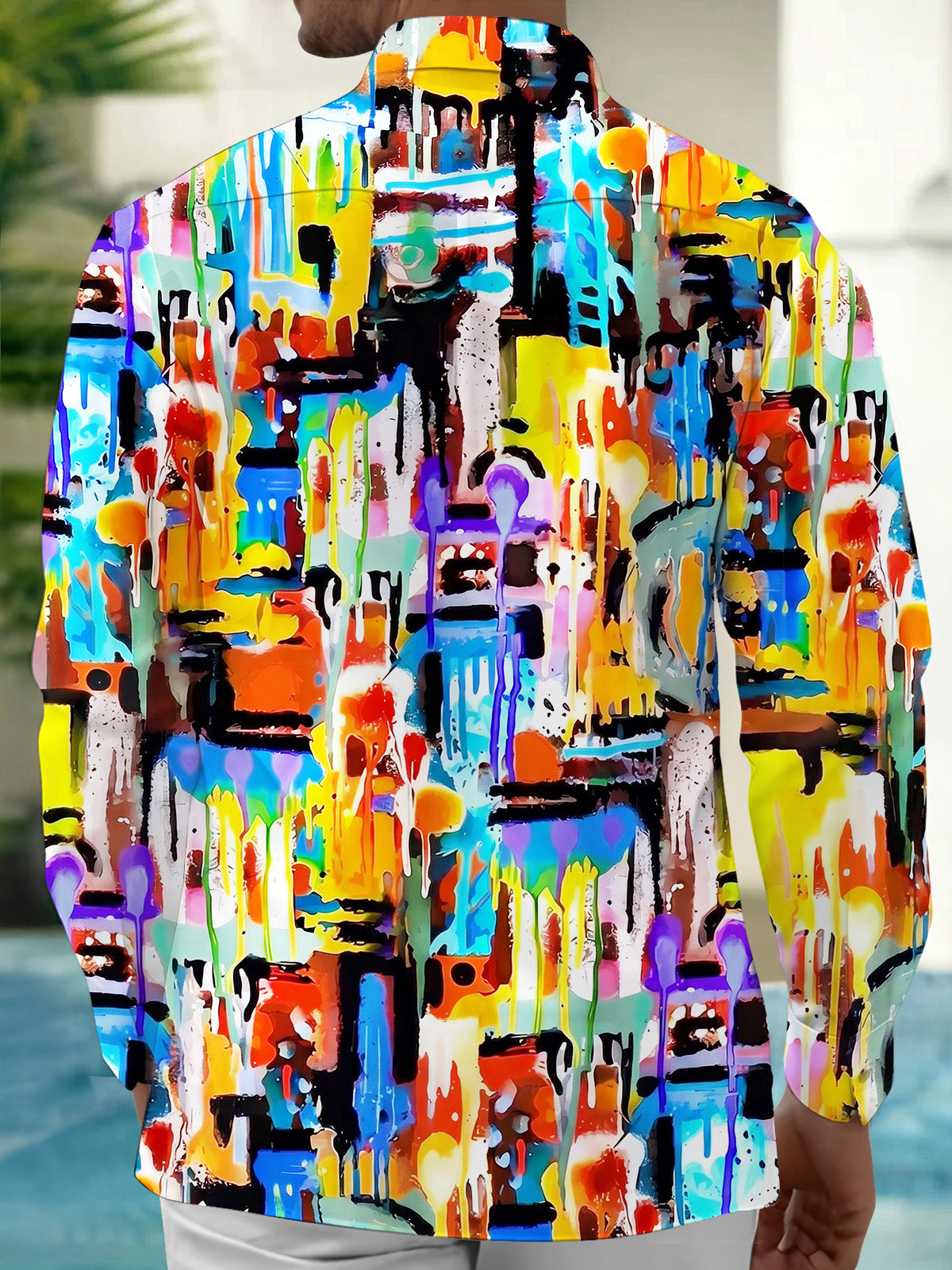 Oceanlyte Men's Tie Dye Colorful Paint Drip Print Long Sleeve Shirt with Chest Pocket