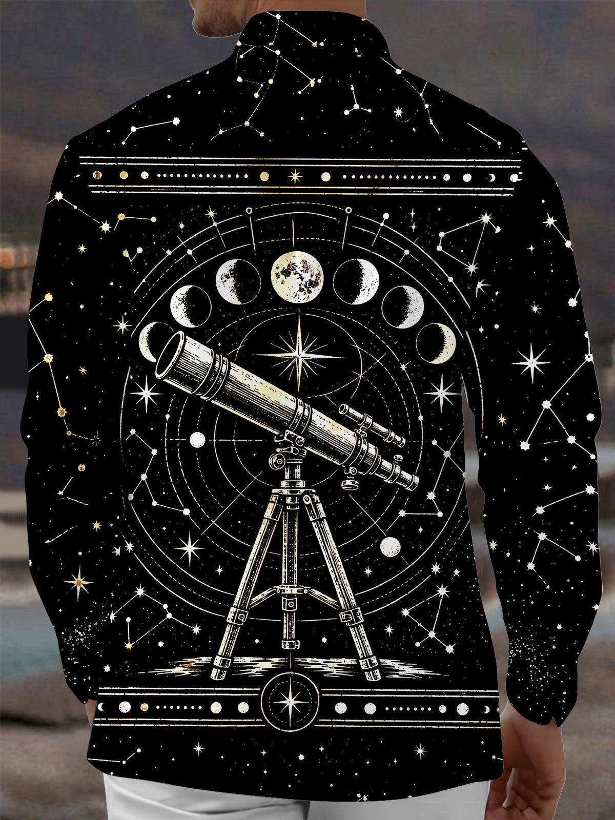 Oceanlyte Men's Astronomical Telescope And Moon Phases Print Long Sleeve Shirt with Chest Pocket