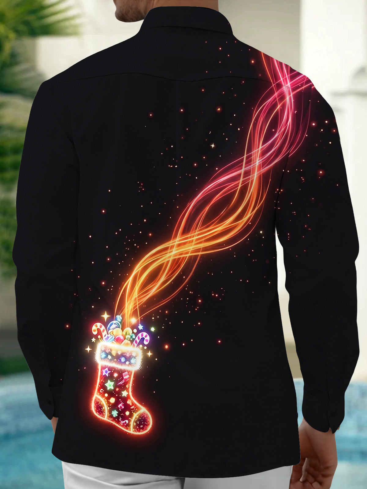 Oceanlyte Men's Graphic Neon Christmas Stocking Print Long Sleeve Shirt with Chest Pocket