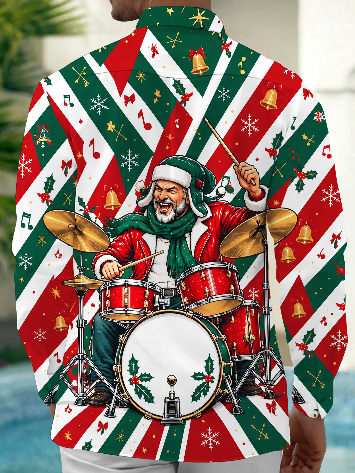 Oceanlyte Men's Graphic Santa Claus Playing Drum Set Print Long Sleeve Shirt with Chest Pocket