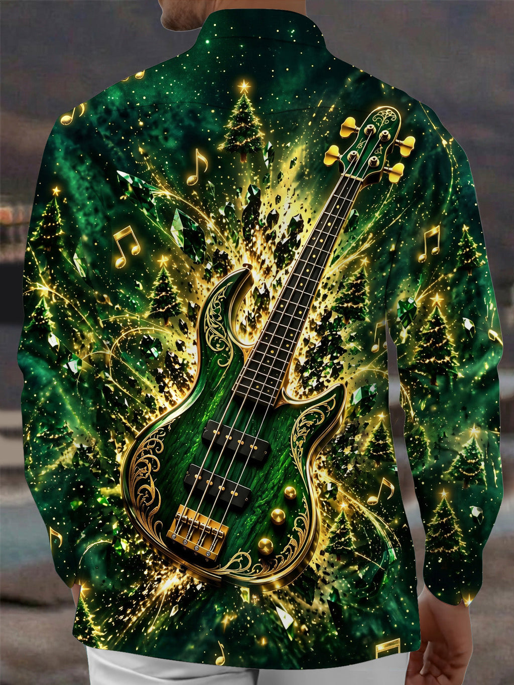 Oceanlyte Men's Printed Bass Guitar And Christmas Trees Print Long Sleeve Shirt with Chest Pocket