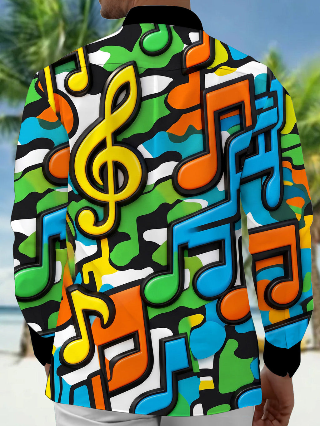 Oceanlyte Men's Graphic 3D Musical Notes And Treble Clef Print Long Sleeve Shirt with Chest Pocket