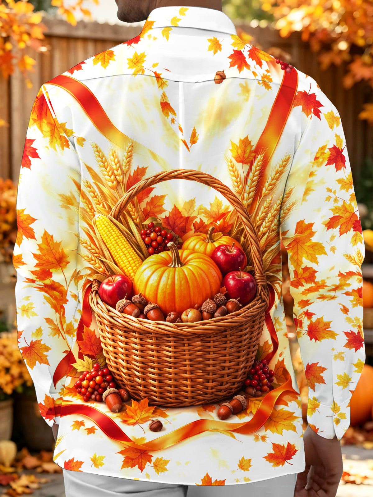 Oceanlyte Men's Long Sleeve Shirt - Harvest Autumn Harvest Basket With Pumpkins Apples And Wheat Print with Chest Pocket
