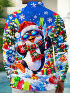 Oceanlyte Men's Long Sleeve Shirt - Christmas Penguin With Santa Hat And Sunglasses Print with Chest Pocket