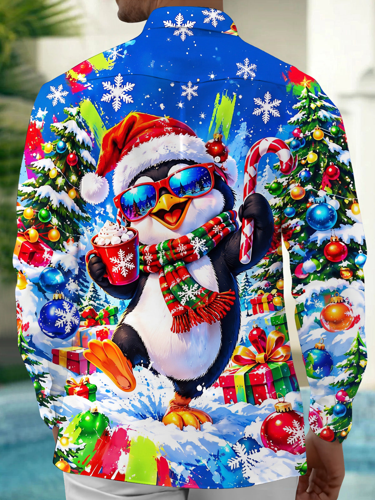 Oceanlyte Men's Long Sleeve Shirt - Christmas Penguin With Santa Hat And Sunglasses Print with Chest Pocket