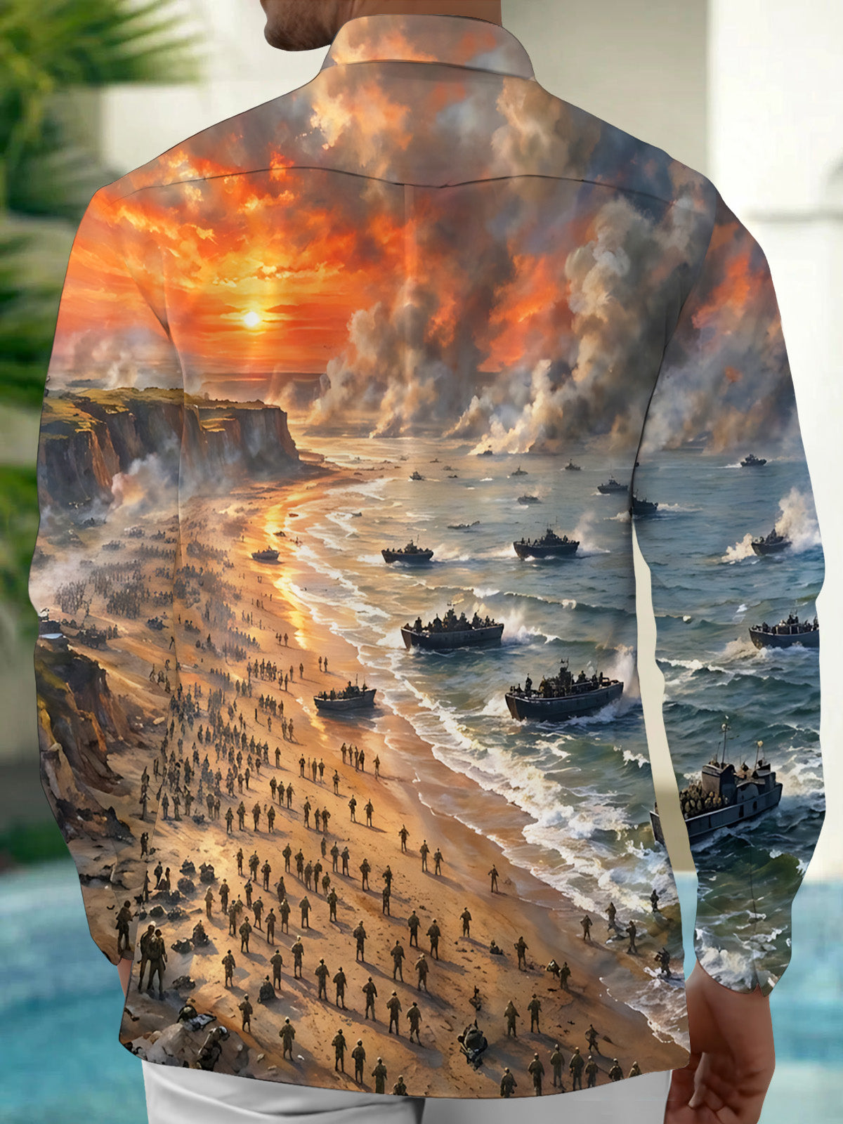 The "Pointe du Hoc" Oceanlyte Men's Long Sleeve Shirt - D-day Beach Landing Scene Print with Chest Pocket