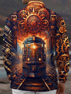 Oceanlyte Men's Graphic Steampunk Train And Gears Print Long Sleeve Shirt with Chest Pocket