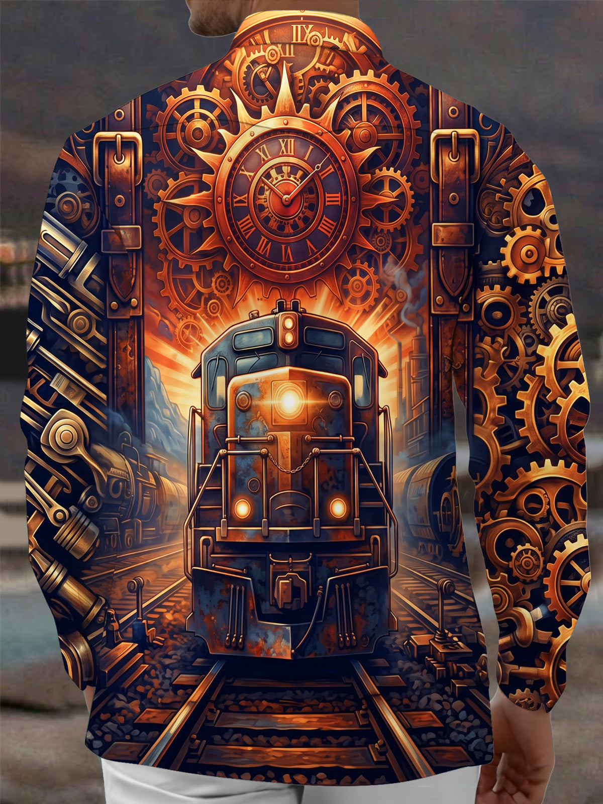 Oceanlyte Men's Graphic Steampunk Train And Gears Print Long Sleeve Shirt with Chest Pocket
