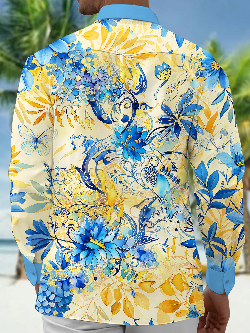 Oceanlyte Men's Blue Watercolor Flowers Print Long Sleeve Shirt with Chest Pocket