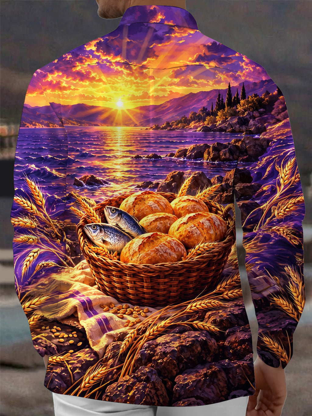 Oceanlyte Men's Miracle Of The Five Loaves And Two Fish With Sunset Print Long Sleeve Shirt with Chest Pocket