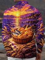 Oceanlyte Men's Miracle Of The Five Loaves And Two Fish With Sunset Print Long Sleeve Shirt with Chest Pocket