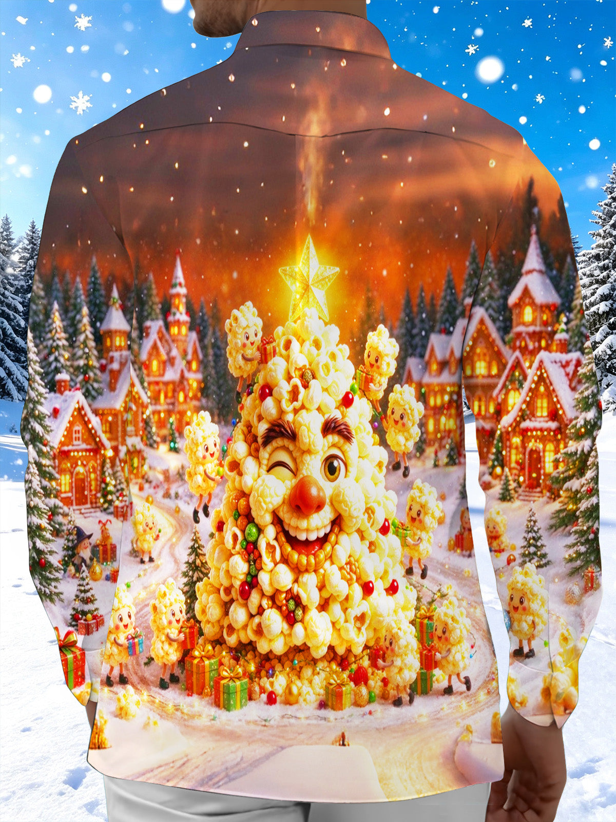 Oceanlyte Men's Long Sleeve Shirt - Popcorn Christmas Tree Character With Ornaments And Gifts Print with Chest Pocket