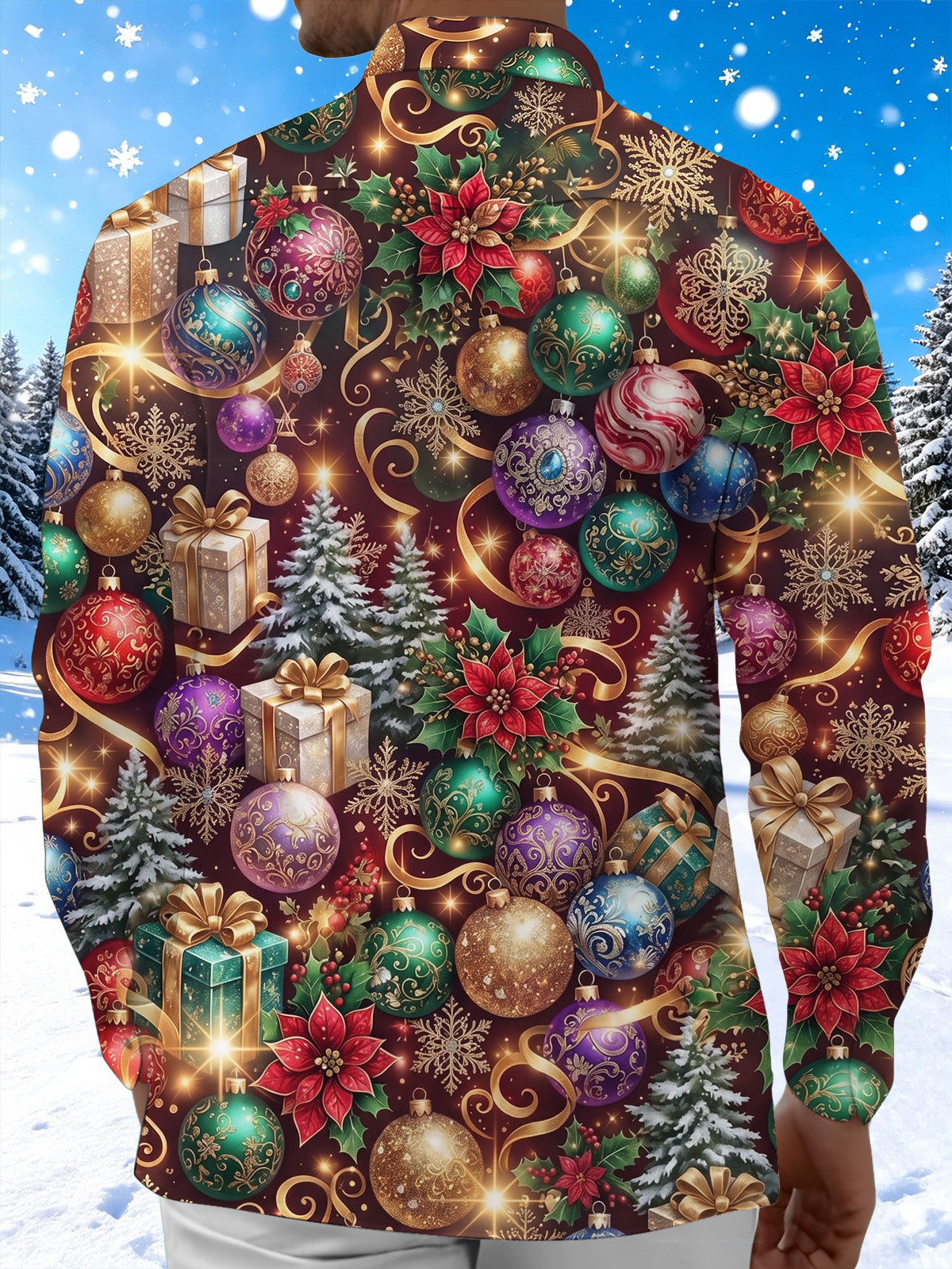 Oceanlyte Men's Printed Christmas Ornaments And Gifts Print Long Sleeve Shirt with Chest Pocket