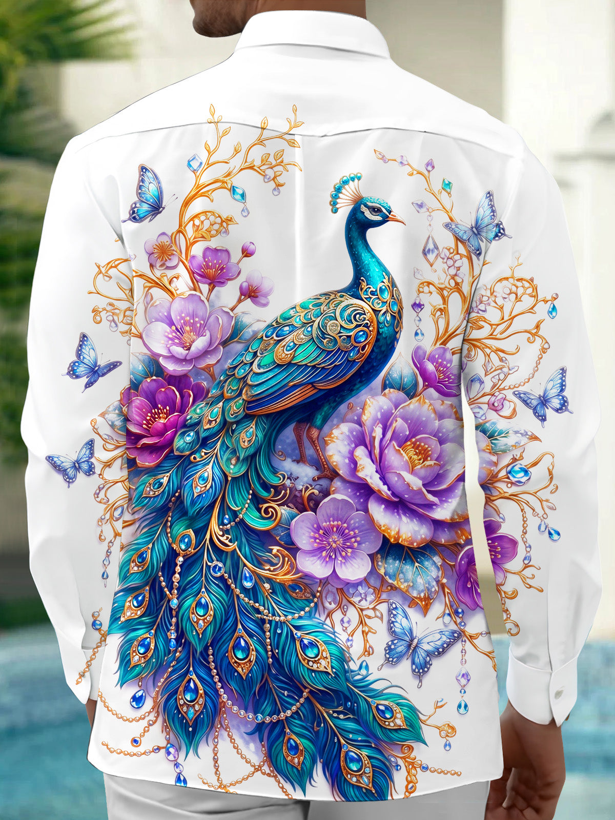 Oceanlyte Men's Printed Peacock And Floral Pattern Long Sleeve Shirt with Chest Pocket