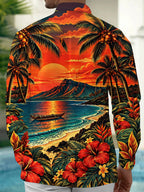 Oceanlyte Men's Long Sleeve Shirt - Hawaiian Sunset Beach Scene With Palm Trees And Hibiscus Print with Chest Pocket