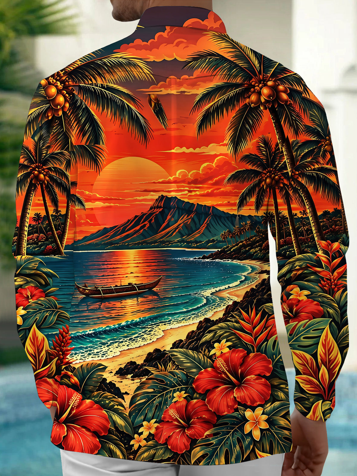 Oceanlyte Men's Long Sleeve Shirt - Hawaiian Sunset Beach Scene With Palm Trees And Hibiscus Print with Chest Pocket