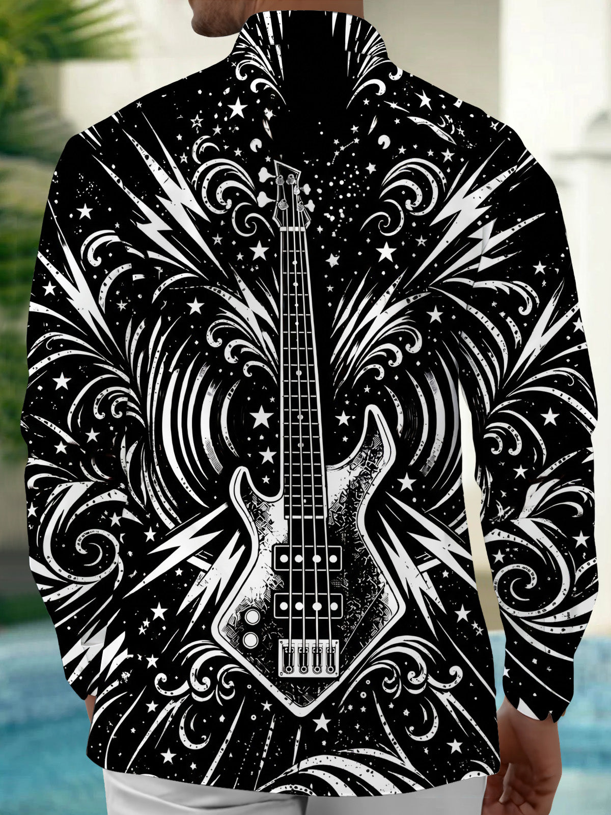 Oceanlyte Men's Bass Guitar With Stars And Lightning Print Long Sleeve Shirt with Chest Pocket