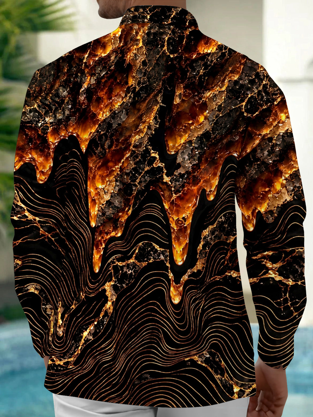 Oceanlyte Men's Abstract Geometric Lava And Wave Lines Print Long Sleeve Shirt with Chest Pocket
