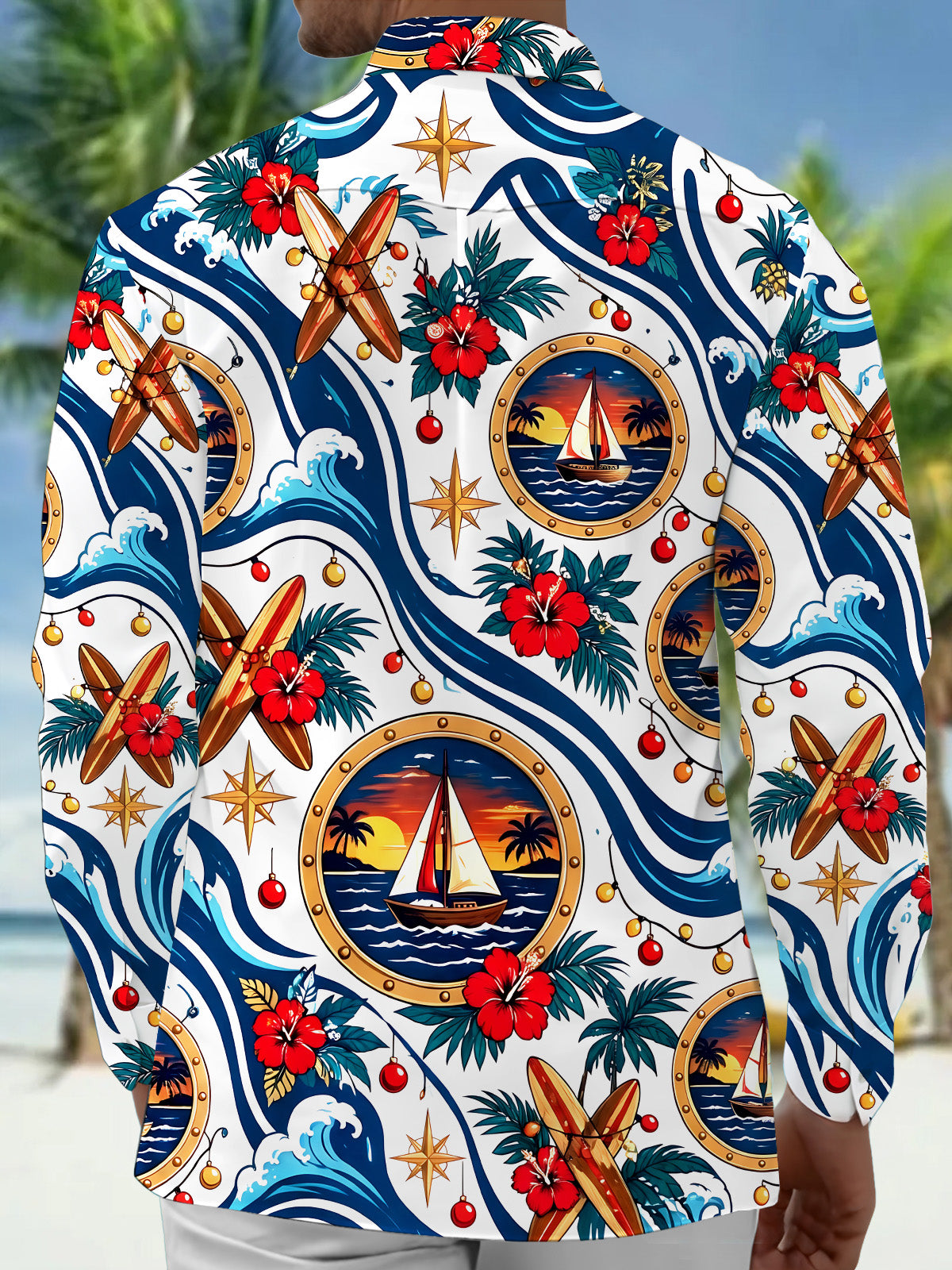 Oceanlyte Men's Long Sleeve Shirt - Christmas Ornaments And String Lights Print Sailing Boat In Porthole And Tropical Waves Print