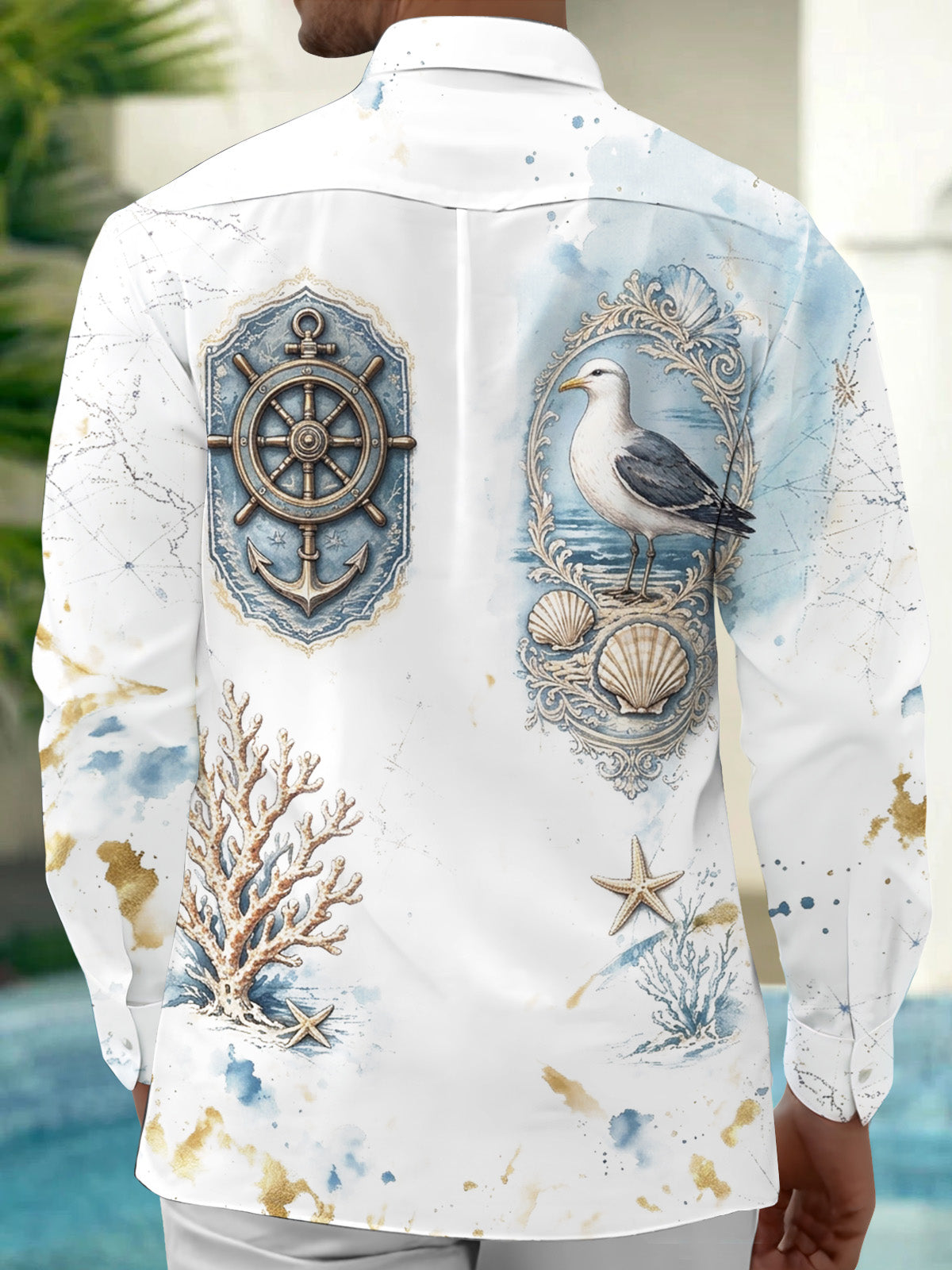 Oceanlyte Men's Vintage Nautical Marine Life Print Long Sleeve Shirt with Chest Pocket