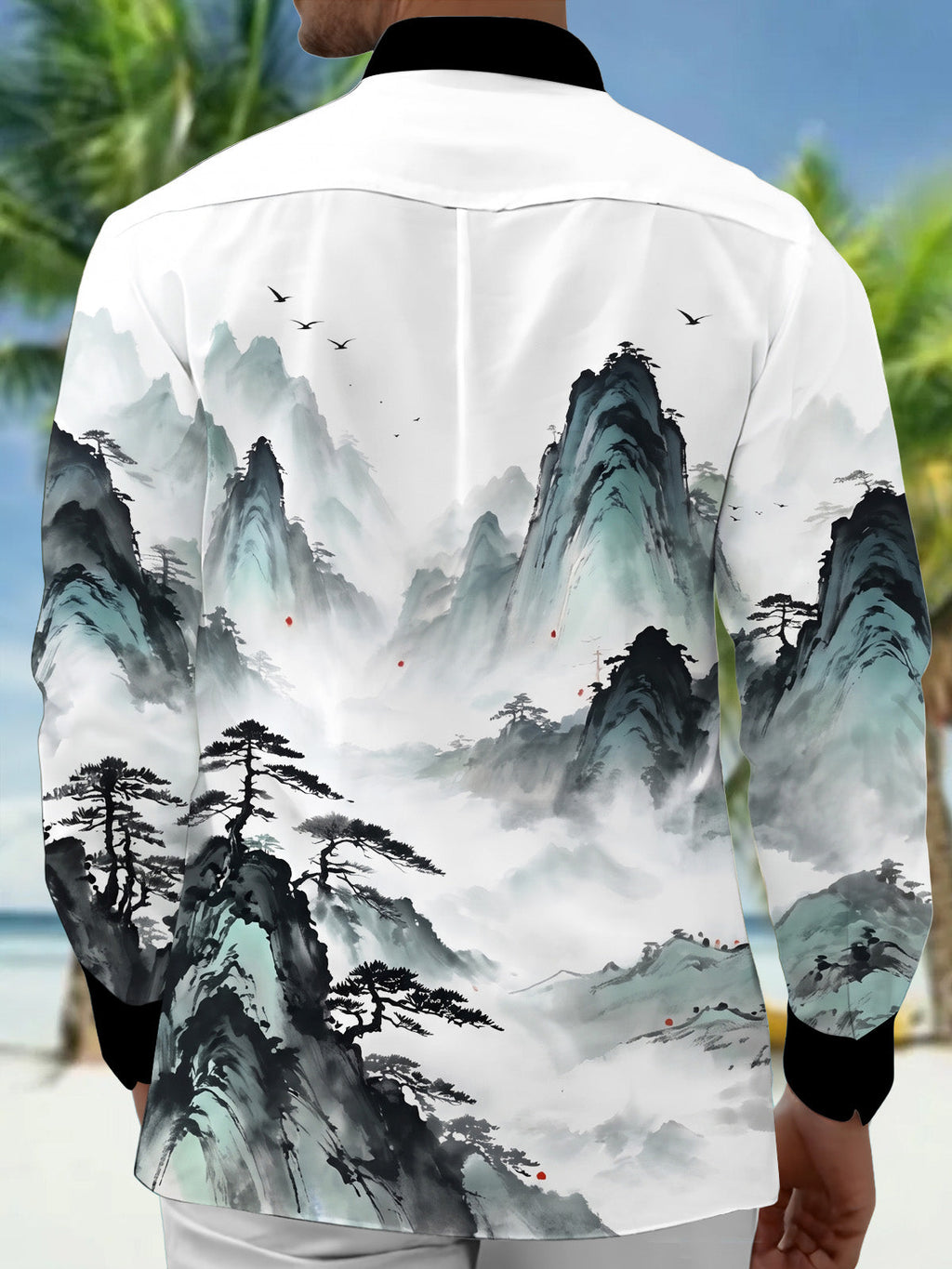 Oceanlyte Men's Long Sleeve Shirt - Chinese Landscape Mountains And Pine Trees Print with Chest Pocket