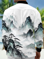 Oceanlyte Men's Long Sleeve Shirt - Chinese Landscape Mountains And Pine Trees Print with Chest Pocket