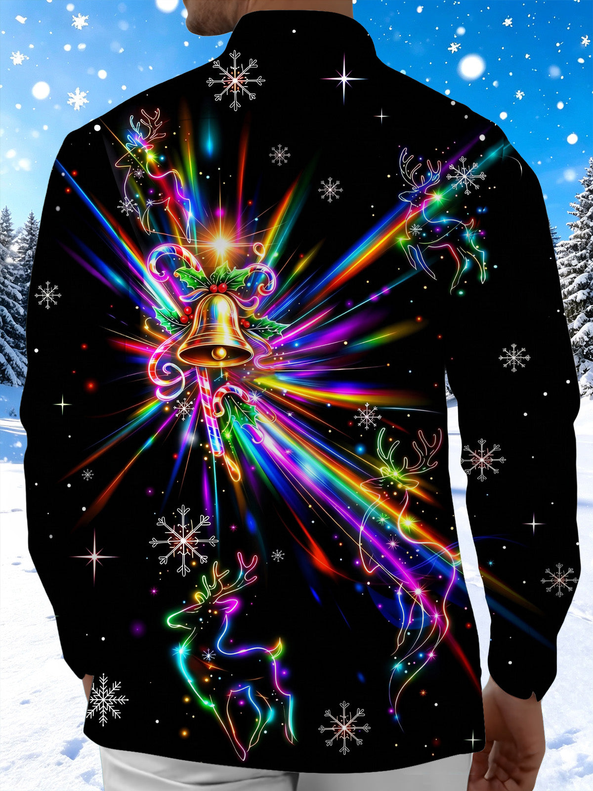 Oceanlyte Men's Graphic Neon Christmas Bell Print Long Sleeve Shirt with Chest Pocket