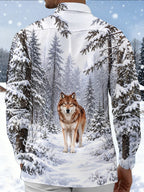 Oceanlyte Men's Printed Wolf In Snowy Forest Print Long Sleeve Shirt with Chest Pocket