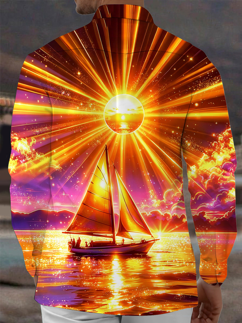 Oceanlyte Men's Printed Sailboat Sunset Print Long Sleeve Shirt with Chest Pocket