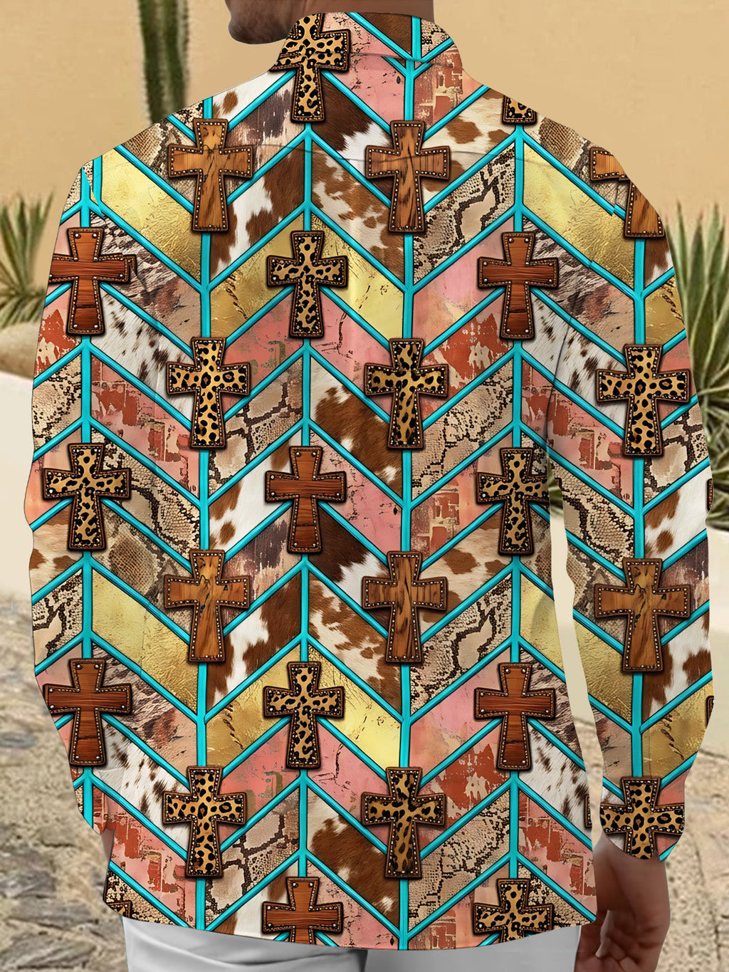 Oceanlyte Men's Long Sleeve Shirt - Crosses With Animal Prints And Geometric Lines Print with Chest Pocket