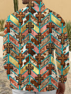 Oceanlyte Men's Long Sleeve Shirt - Crosses With Animal Prints And Geometric Lines Print with Chest Pocket